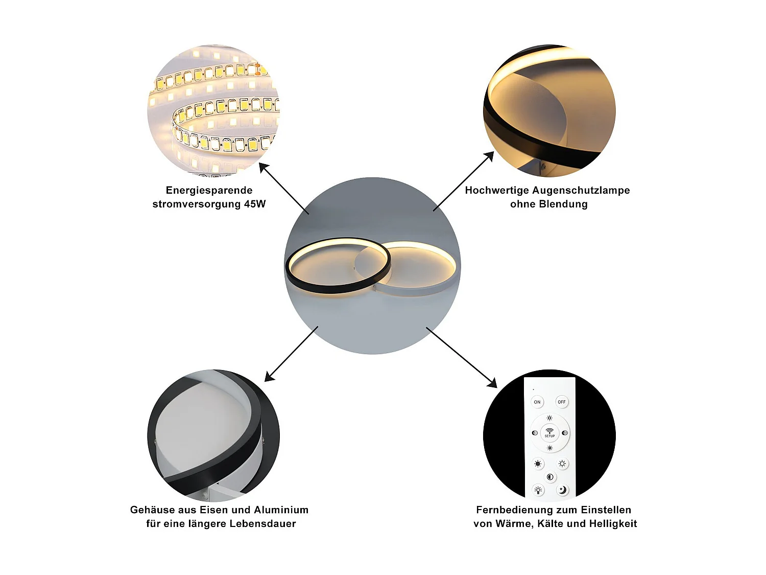 LED Deckenleuchte 45W, 3000K-6000K, 50cm dimmbar schwarz modern mit Fernbedienung Metalldesign