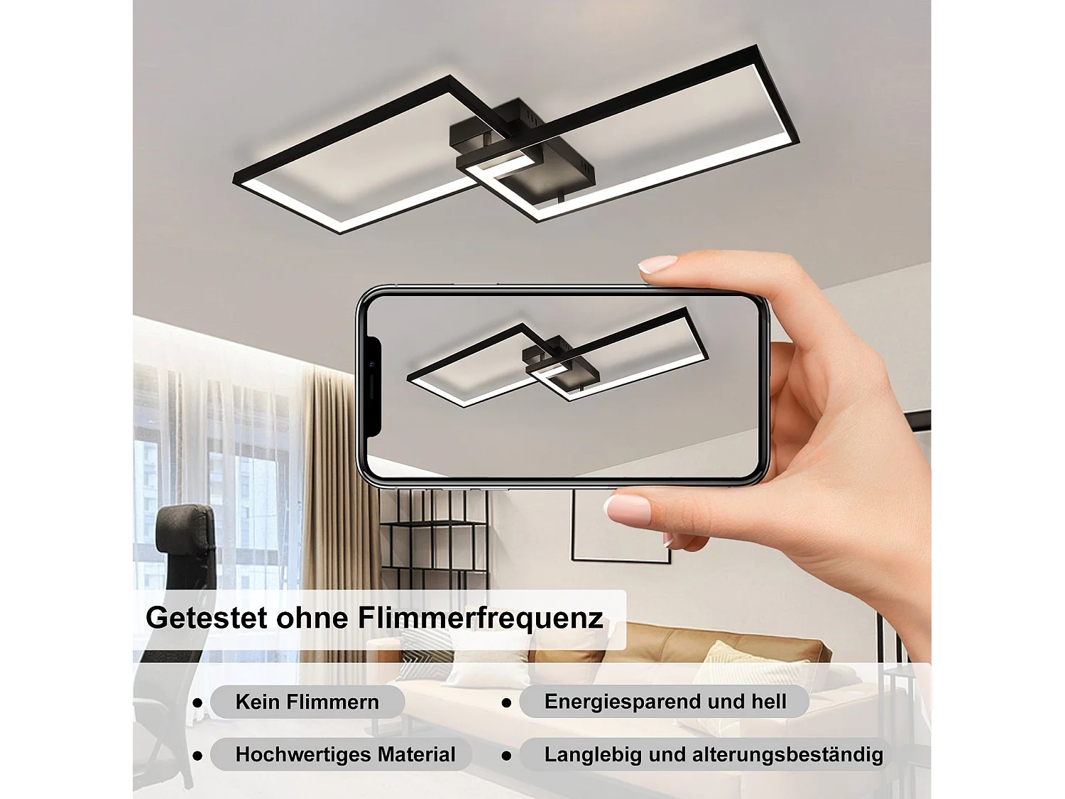 Schwarze LED Deckenleuchte 80 cm Modernes Wohnzimmer Dimmbar Mit Fernbedienung 48w Rechteck Metall Design