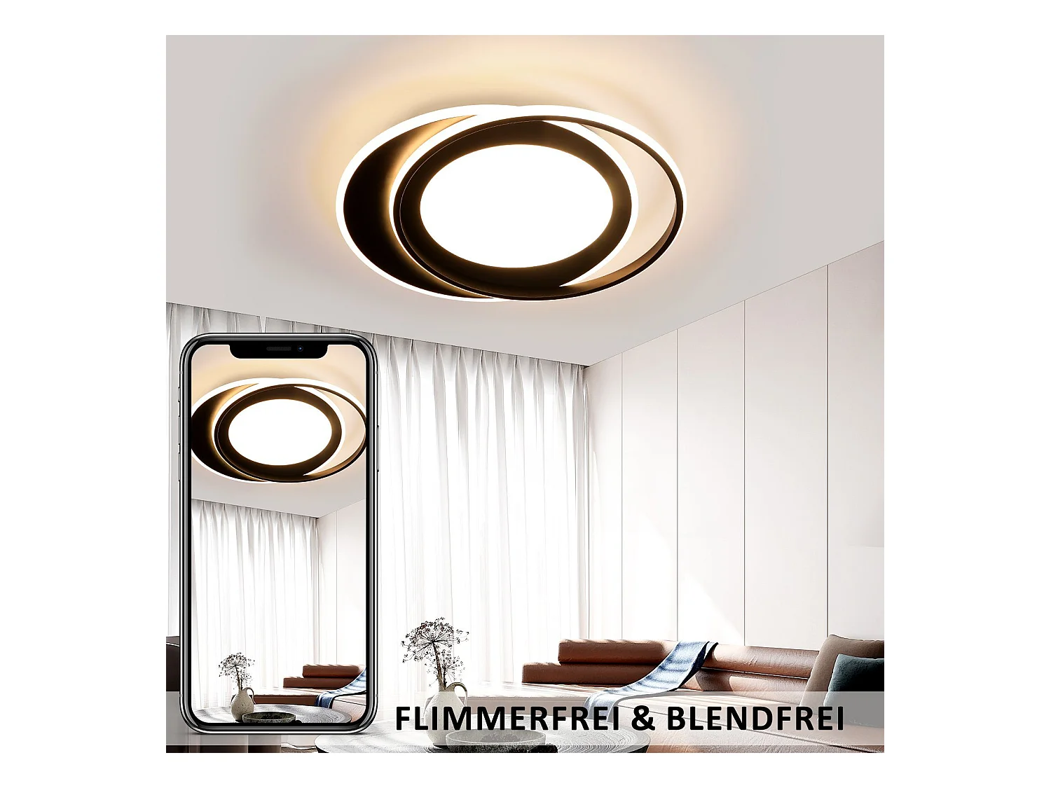 NETTLIFE Plafonnier LED Rond 66W Moderne Chambre Noir Dimmable avec Télécommande