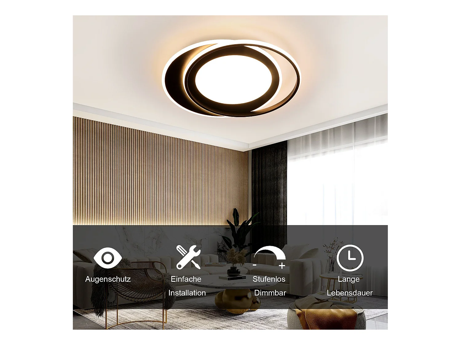 NETTLIFE Plafonnier LED Rond 66W Moderne Chambre Noir Dimmable avec Télécommande