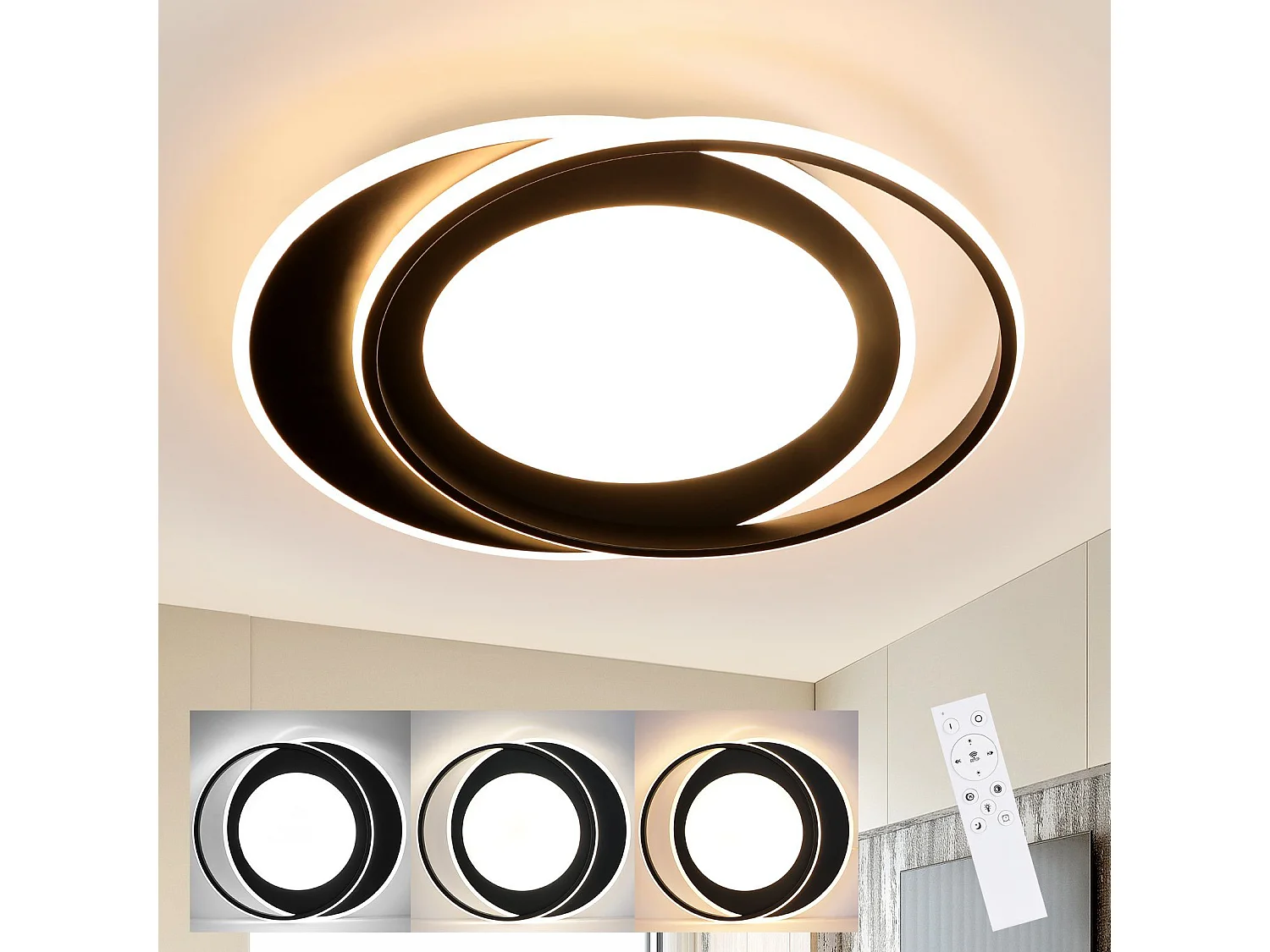 NETTLIFE Plafonnier LED Rond 66W Moderne Chambre Noir Dimmable avec Télécommande