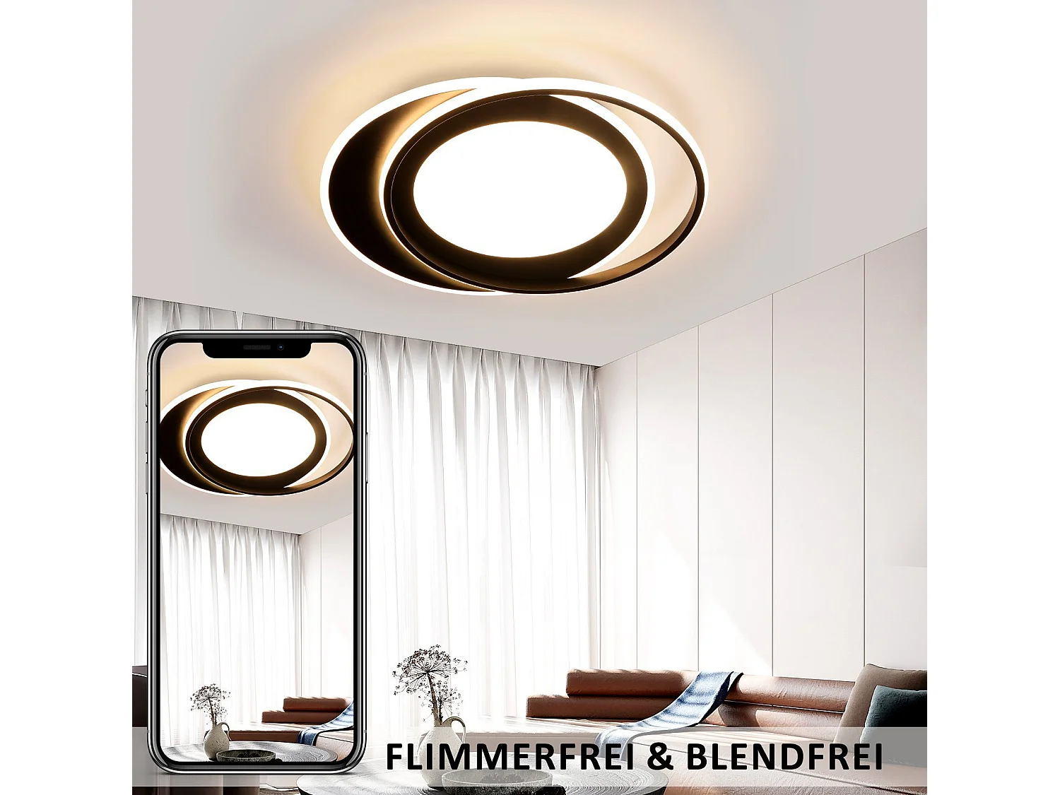 NETTLIFE Plafonnier LED Rond 66W Moderne Chambre Noir Dimmable avec Télécommande