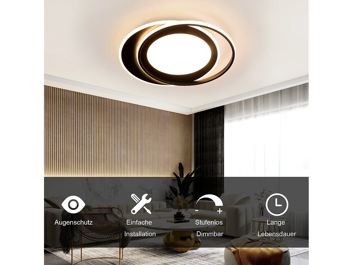 NETTLIFE Plafonnier LED Rond 66W Moderne Chambre Noir Dimmable avec Télécommande