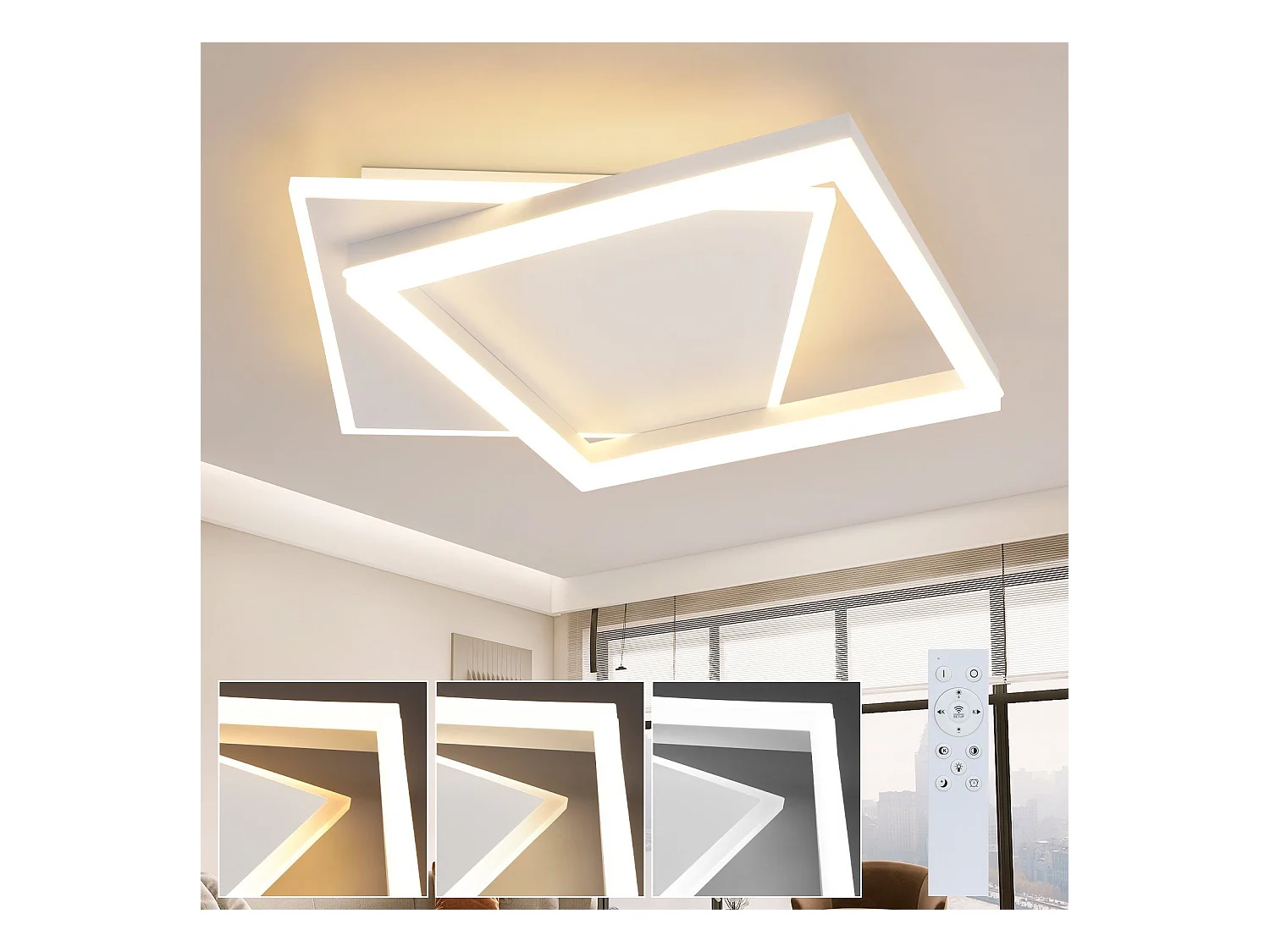 NETTLIFE Plafonnier LED Salon Chambre Lampe Dimmable avec Télécommande 42W Design Moderne Carré Blanc en Acrylique pour Cuisine