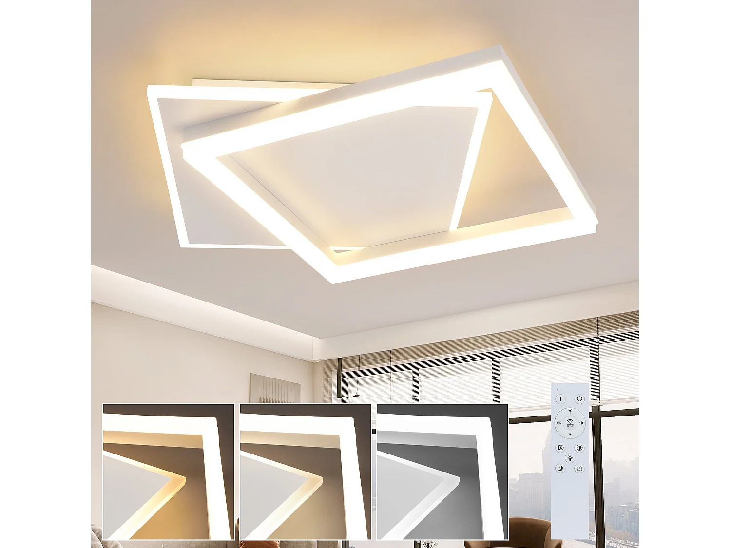 NETTLIFE LED-Deckenleuchte, Wohnzimmer-/Schlafzimmerlampe, dimmbar, mit Fernbedienung, 42 W, modernes Design, quadratisch, weißes Acryl, für die Küche