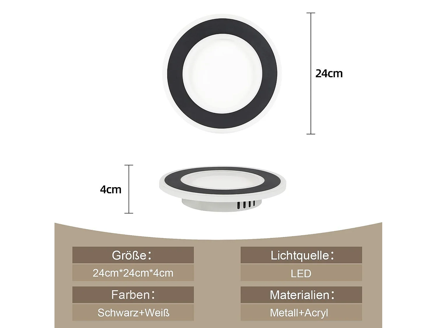 NETTLIFE Plafonnier LED 23 W Noir Ronde Moderne Blanc Chaud 24 cm Lampe de Chambre pour Cuisine Couloir Salon