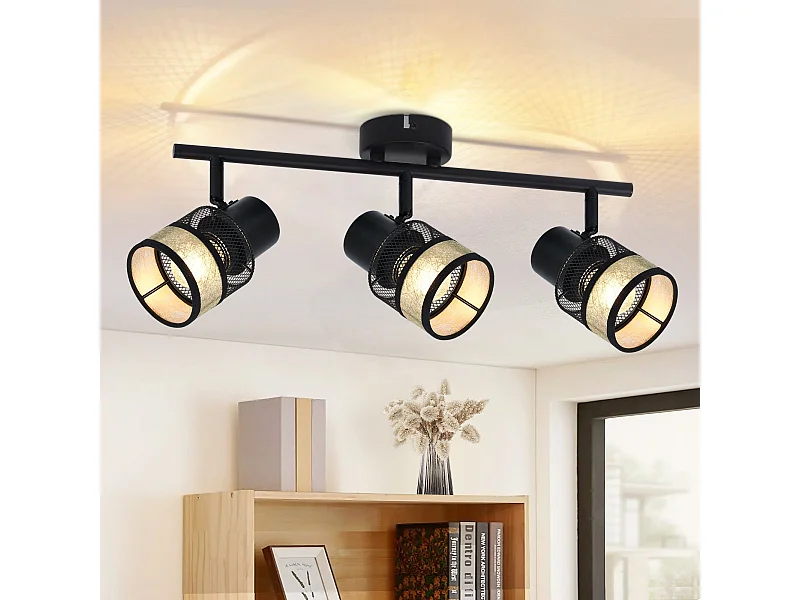 NETTLIFE Plafonnier 3 spots de  E27 métal max. 25W noir - doré vintage abat-jour en tissu rotatif à 330° pour salon chambre cuisine couloir escaliers