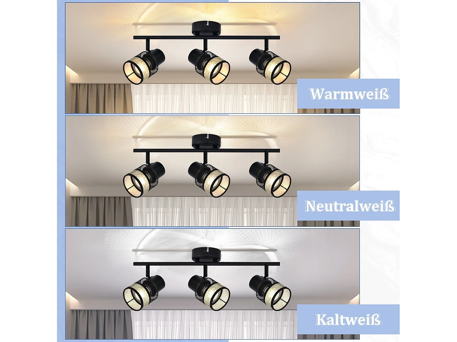 NETTLIFE Opbouwspot stof E27 Fitting 3 Lichts zwart Vintage Plafondlamp draaibar 330° Plafondspot  met gouden stoffen Lampkap