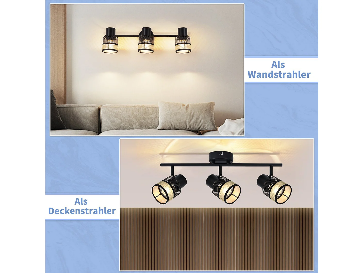 NETTLIFE Opbouwspot stof E27 Fitting 3 Lichts zwart Vintage Plafondlamp draaibar 330° Plafondspot  met gouden stoffen Lampkap