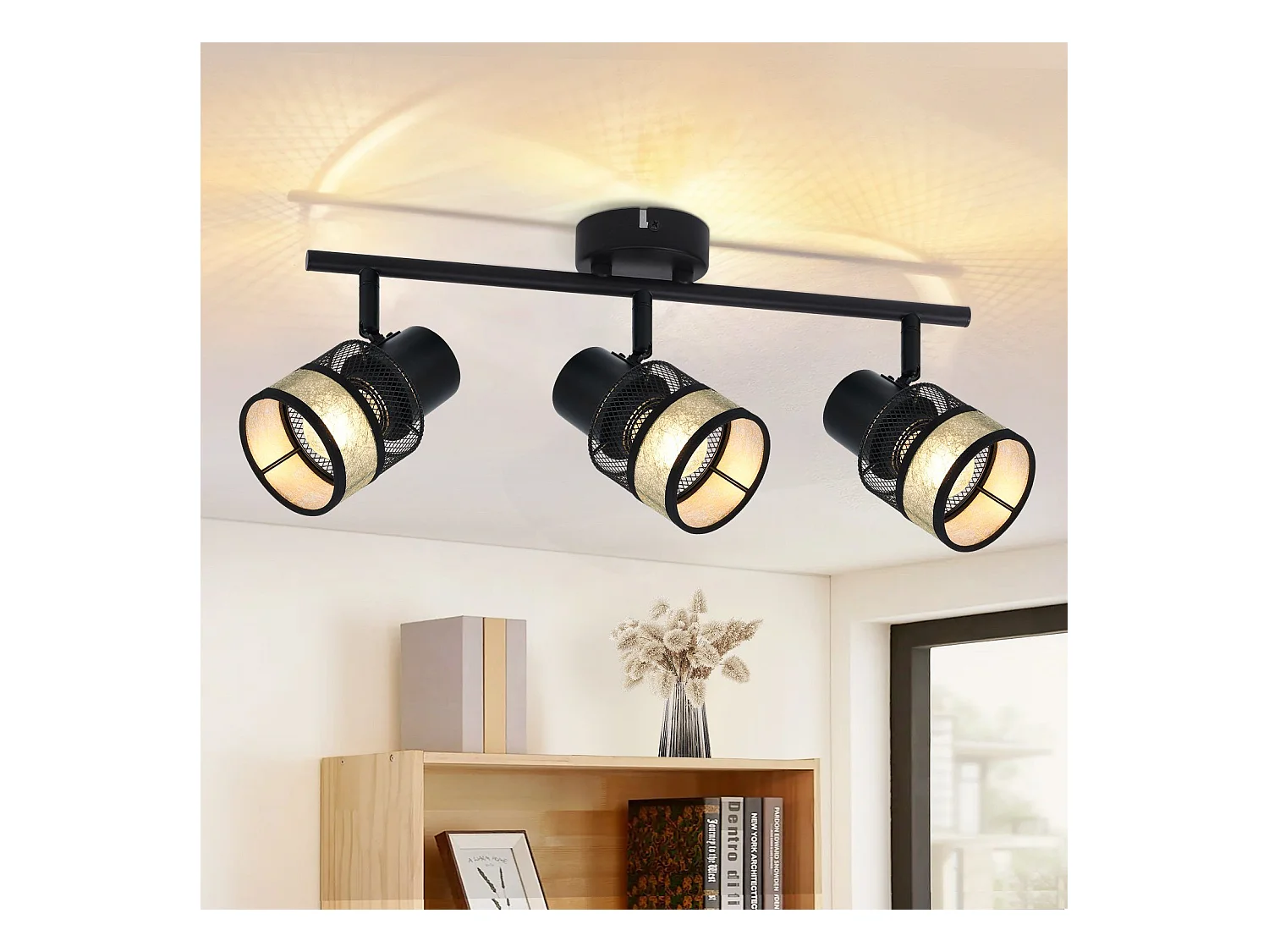 NETTLIFE Plafonnier 3 spots de  E27 métal max. 25W noir - doré vintage abat-jour en tissu rotatif à 330° pour salon chambre cuisine couloir escaliers