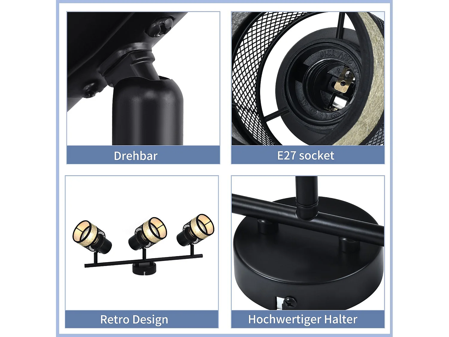 NETTLIFE Plafonnier 3 spots de  E27 métal max. 25W noir - doré vintage abat-jour en tissu rotatif à 330° pour salon chambre cuisine couloir escaliers