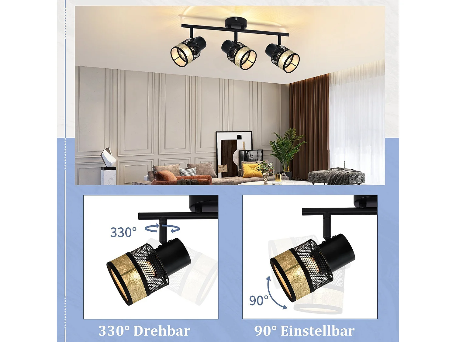 NETTLIFE Plafonnier 3 spots de  E27 métal max. 25W noir - doré vintage abat-jour en tissu rotatif à 330° pour salon chambre cuisine couloir escaliers