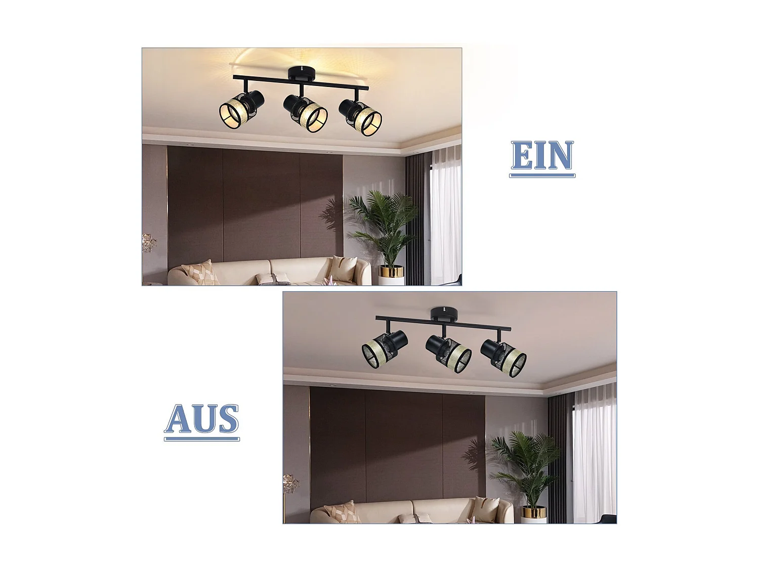 NETTLIFE Plafonnier 3 spots de  E27 métal max. 25W noir - doré vintage abat-jour en tissu rotatif à 330° pour salon chambre cuisine couloir escaliers