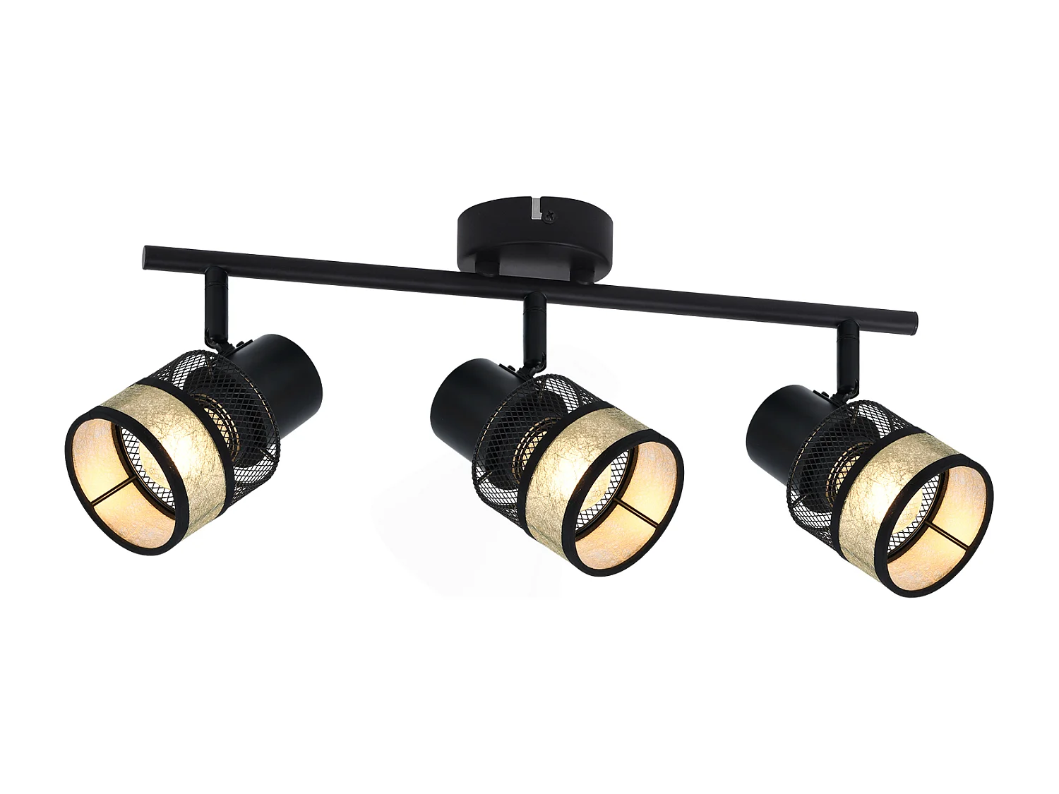 NETTLIFE Plafonnier 3 spots de  E27 métal max. 25W noir - doré vintage abat-jour en tissu rotatif à 330° pour salon chambre cuisine couloir escaliers