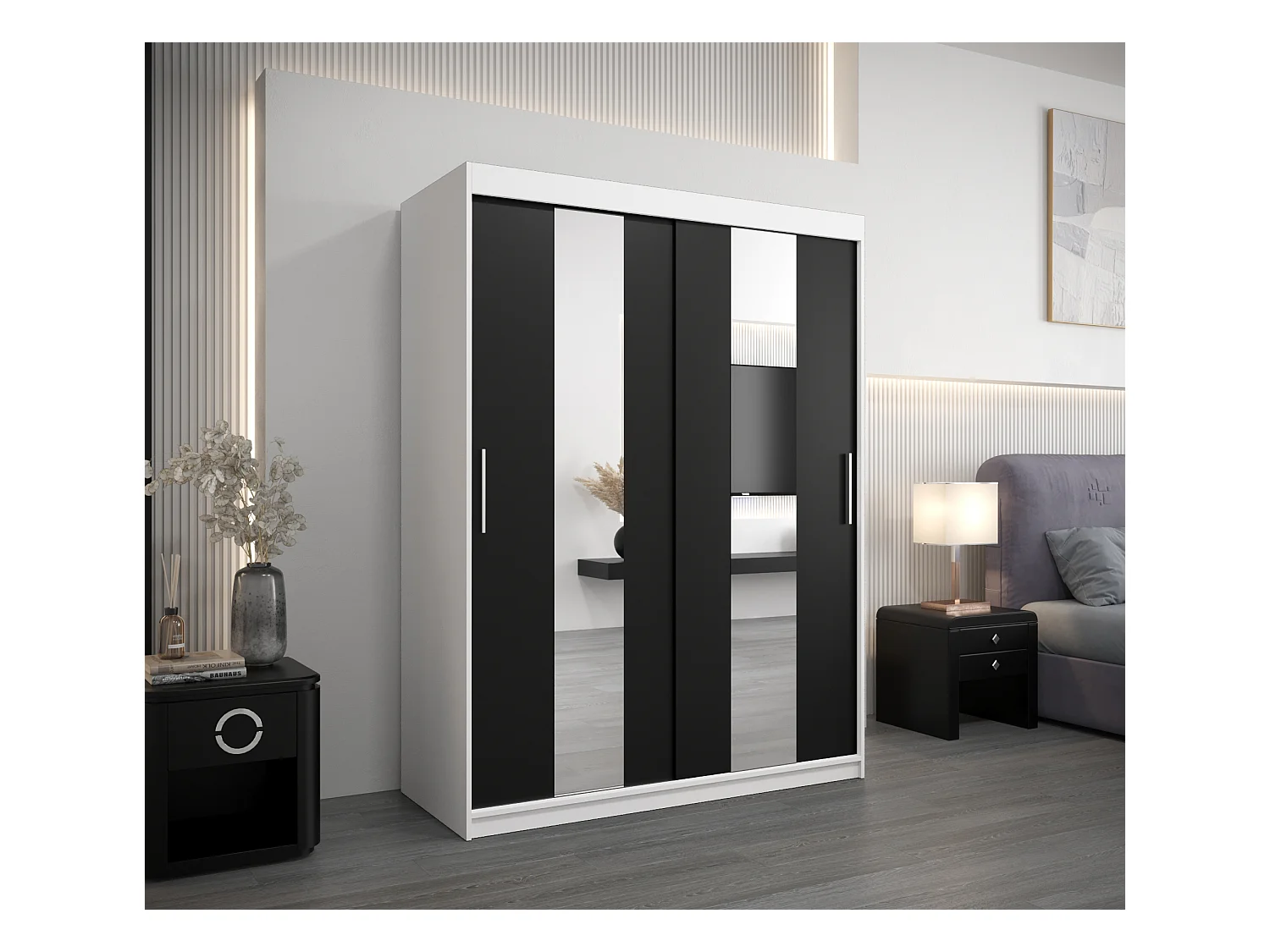 Schwebetürenschrank Pole 200/150/62 2-Türig (Weiß/Schwarz)