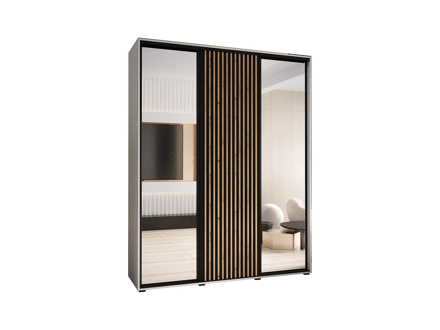 ARMOIRE SAPPORO 2 À PORTES COULISSANTES 205,2/190/60 3 Portes (Blanc/Noir)