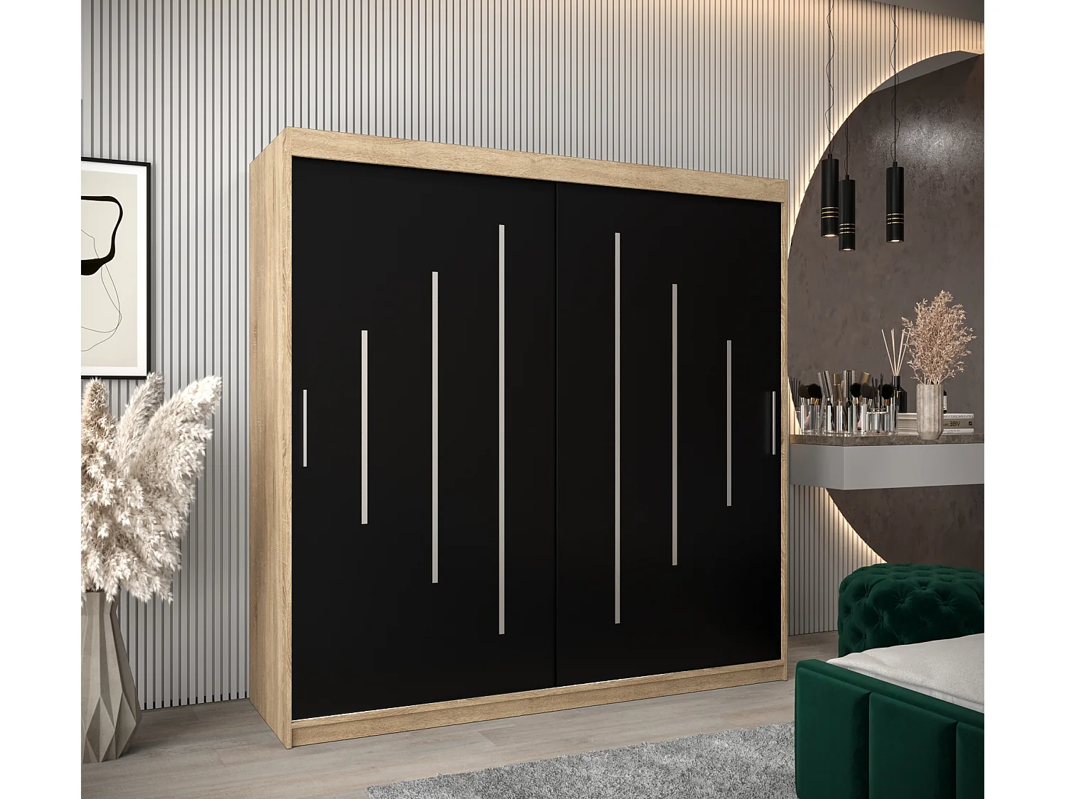 SCHWEBETÜRENSCHRANK YORK 200/200/62 2-türig (Sonoma/Schwarz)