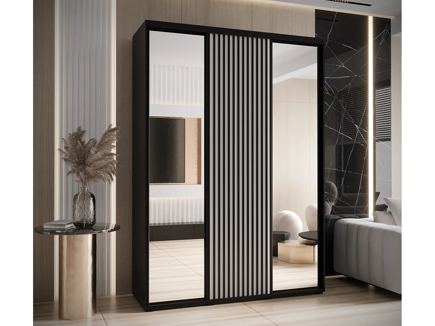 ARMOIRE SAPPORO 2 À PORTES COULISSANTES 205,2/170/60 3 Portes (Noir/Blanc)