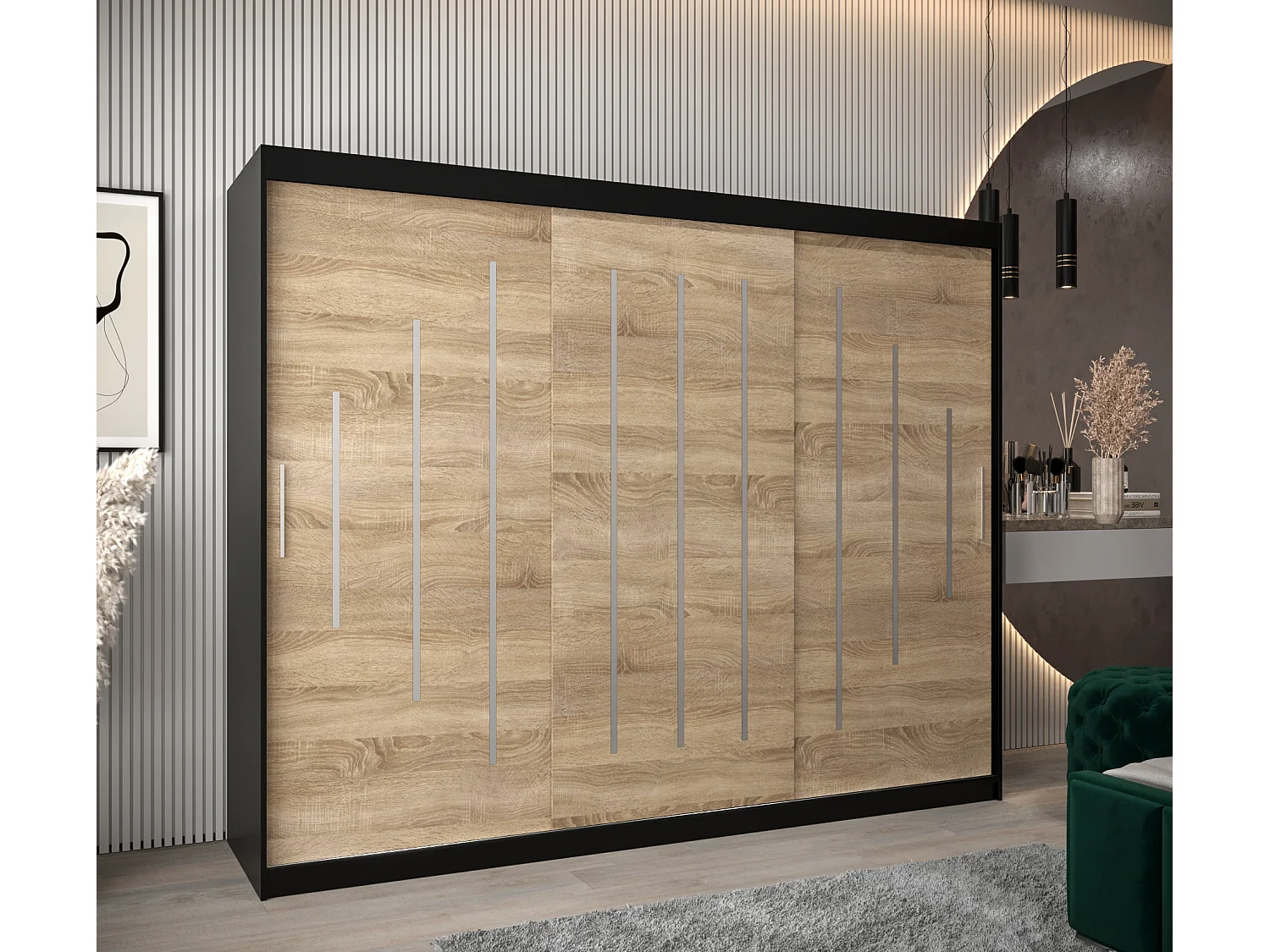 ARMADIO YORK AD ANTE SCORREVOLI 200/250/62 3 porte (Nero/Sonoma)