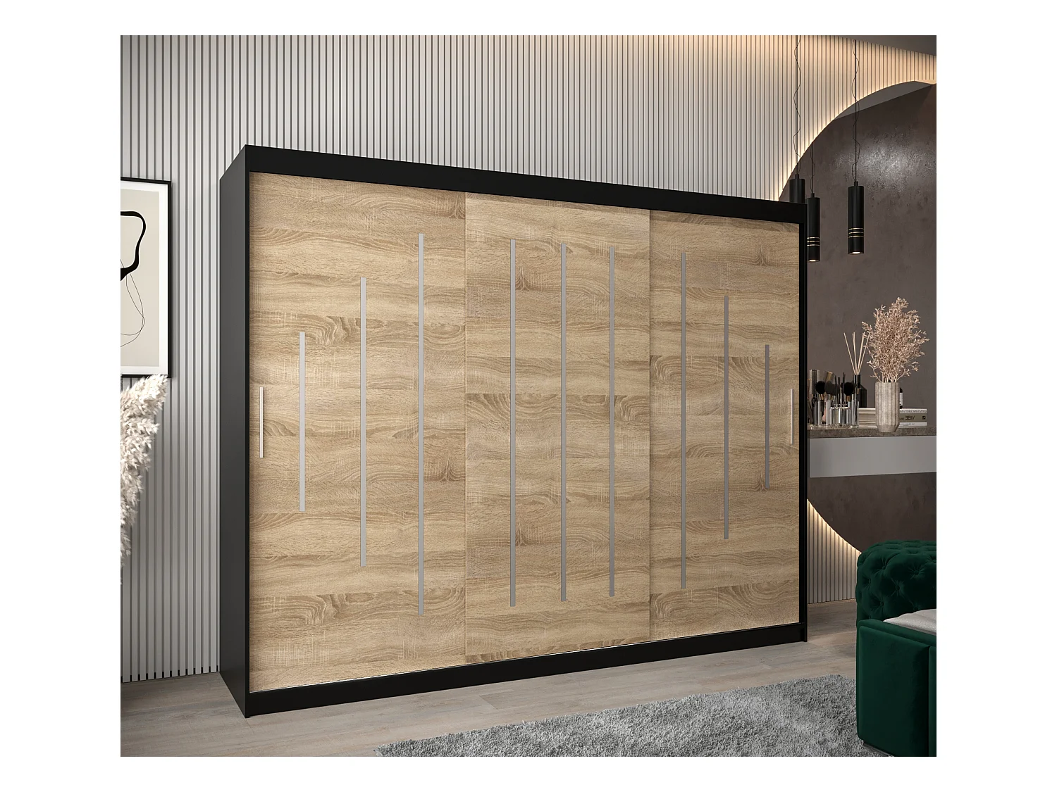 YORK KLEDINGKAST MET SCHUIFDEUREN 200/250/62 3 deuren (zwart/sonoma)