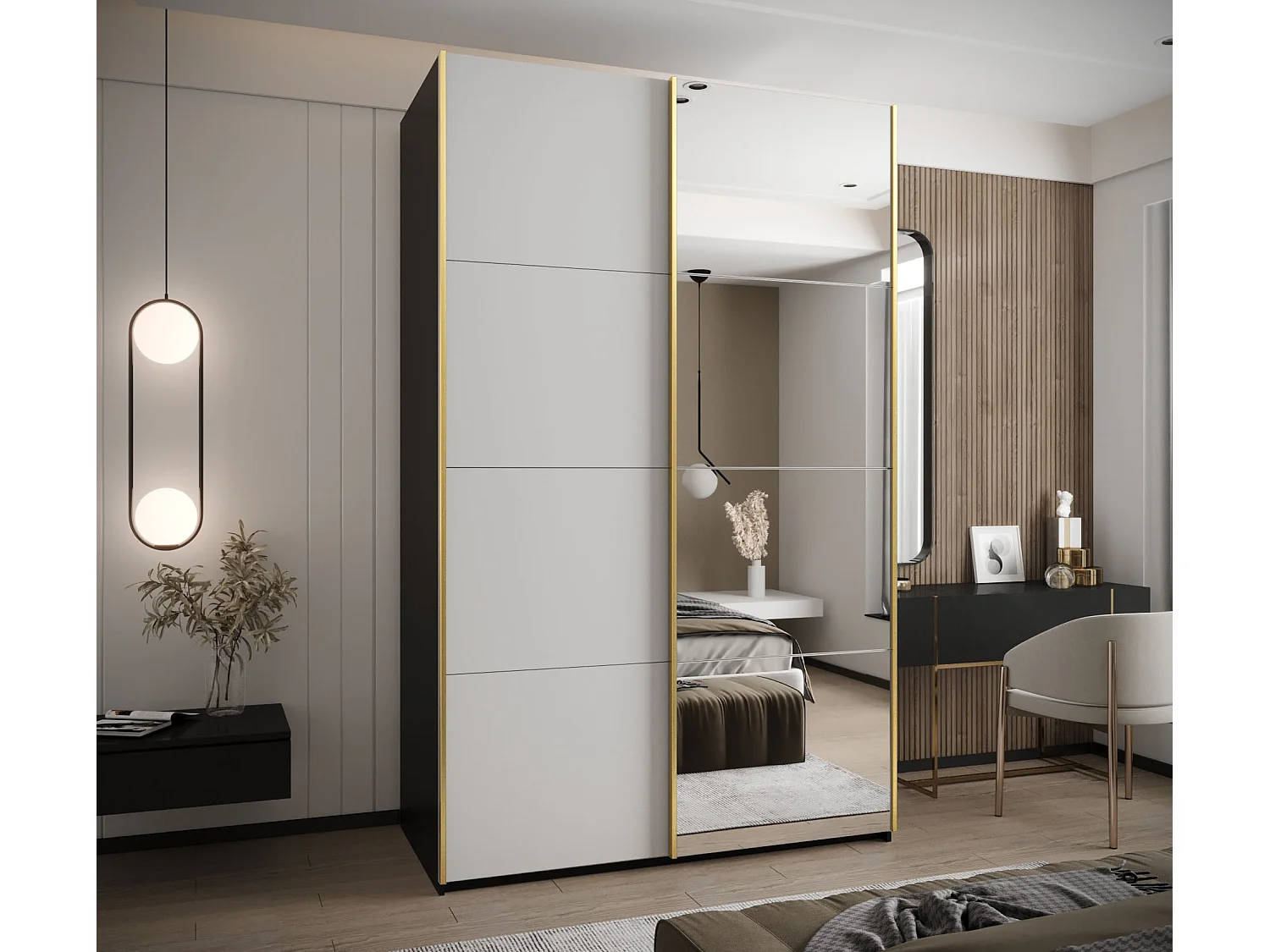 Armoire Lux 3 245,5/150/64 (Noir/Blanc/Or)