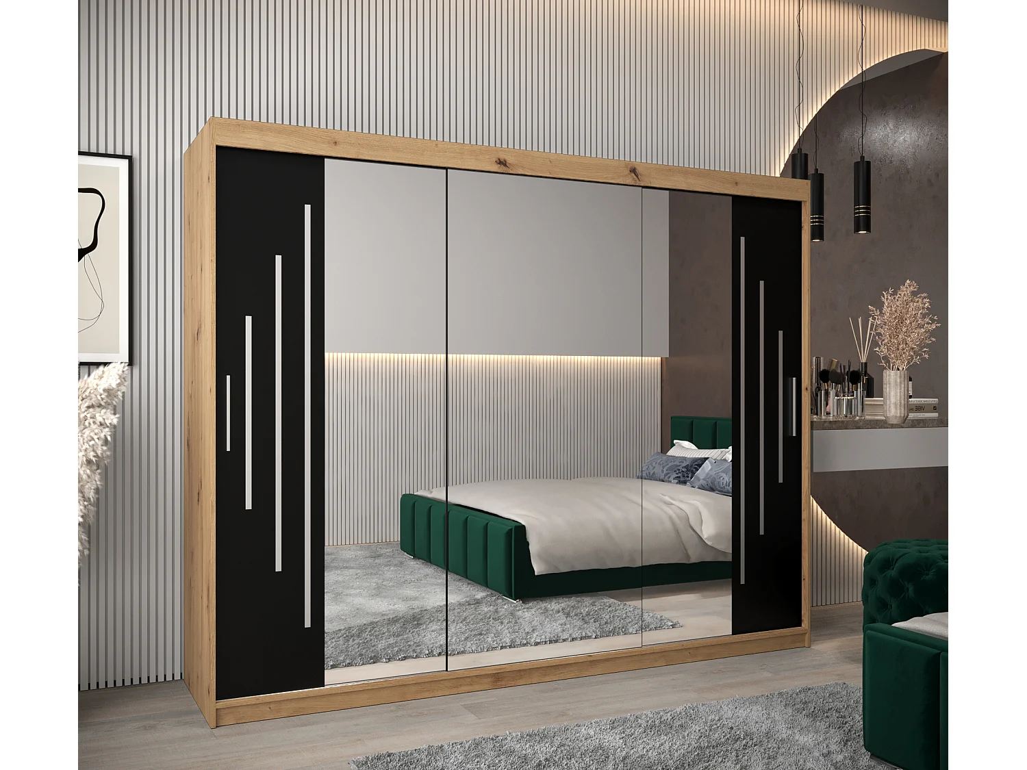 ARMOIRE YORK 2 À PORTES COULISSANTES 200/250/62 3 Portes (Artisan/Noir)