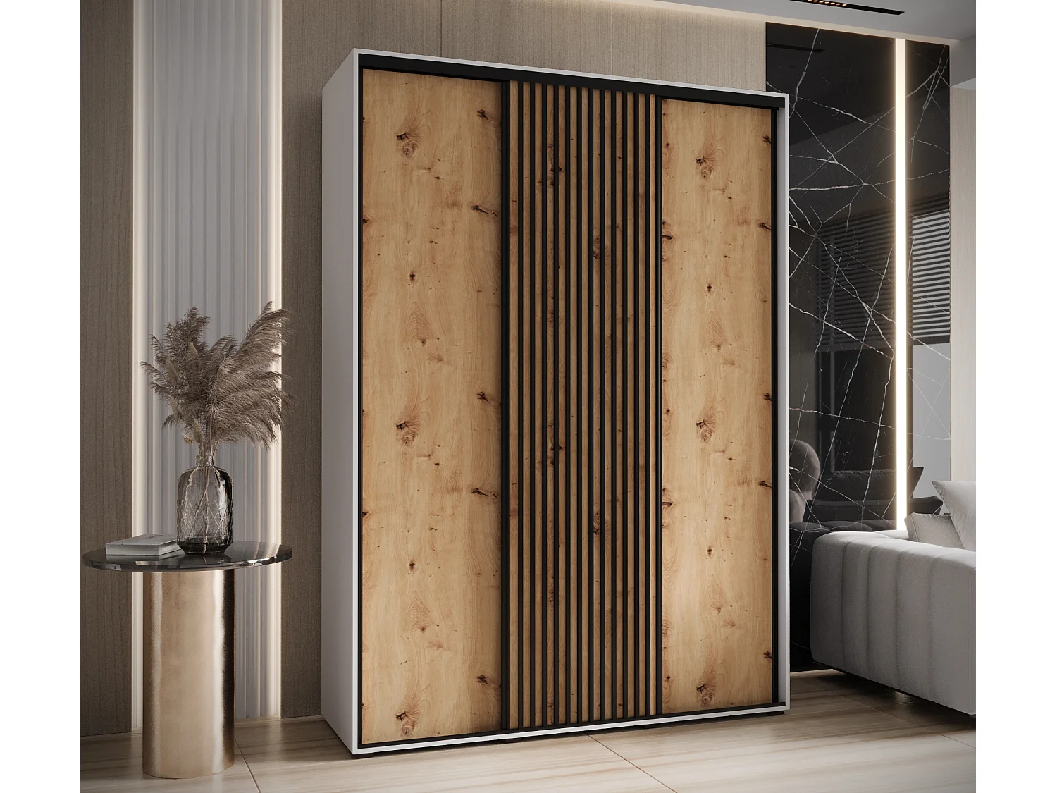 SCHWEBETÜRENSCHRANK SAPPORO 1 205,2/180/45 3-türig (Weiß/Artisan)