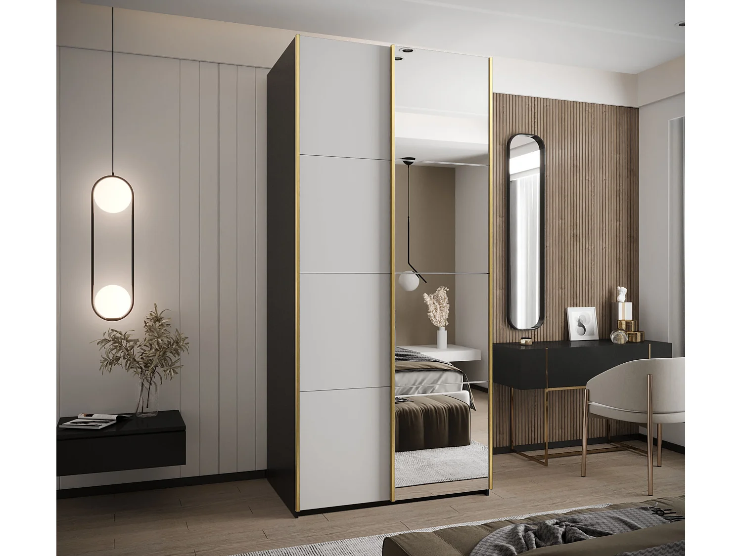 Armoire Lux 3 245,5/120/64 (Noir/Blanc/Or)