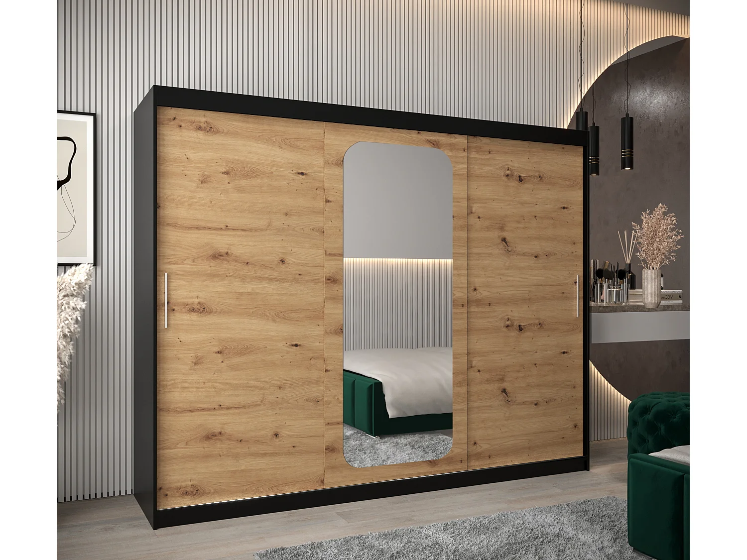 ARMOIRE PROMO T2 À PORTES COULISSANTES 200/250/62 3 Portes (Noir/Artisan)