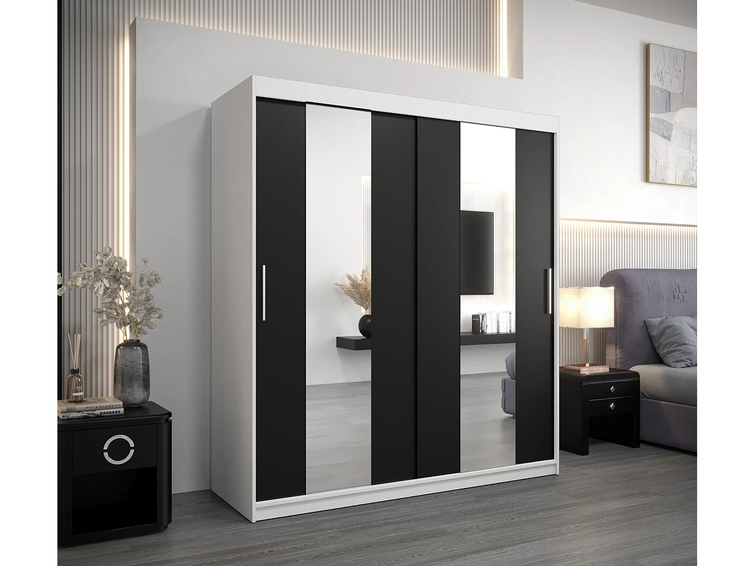 Schwebetürenschrank Pole 200/180/62 2-Türig (Weiß/Schwarz)