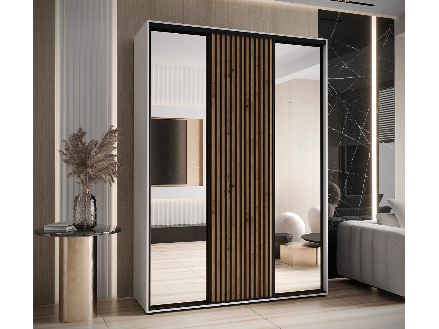 ARMADIO SAPPORO 2 AD ANTE SCORREVOLI 205,2/180/45 3 porte (Bianco/Artisan)