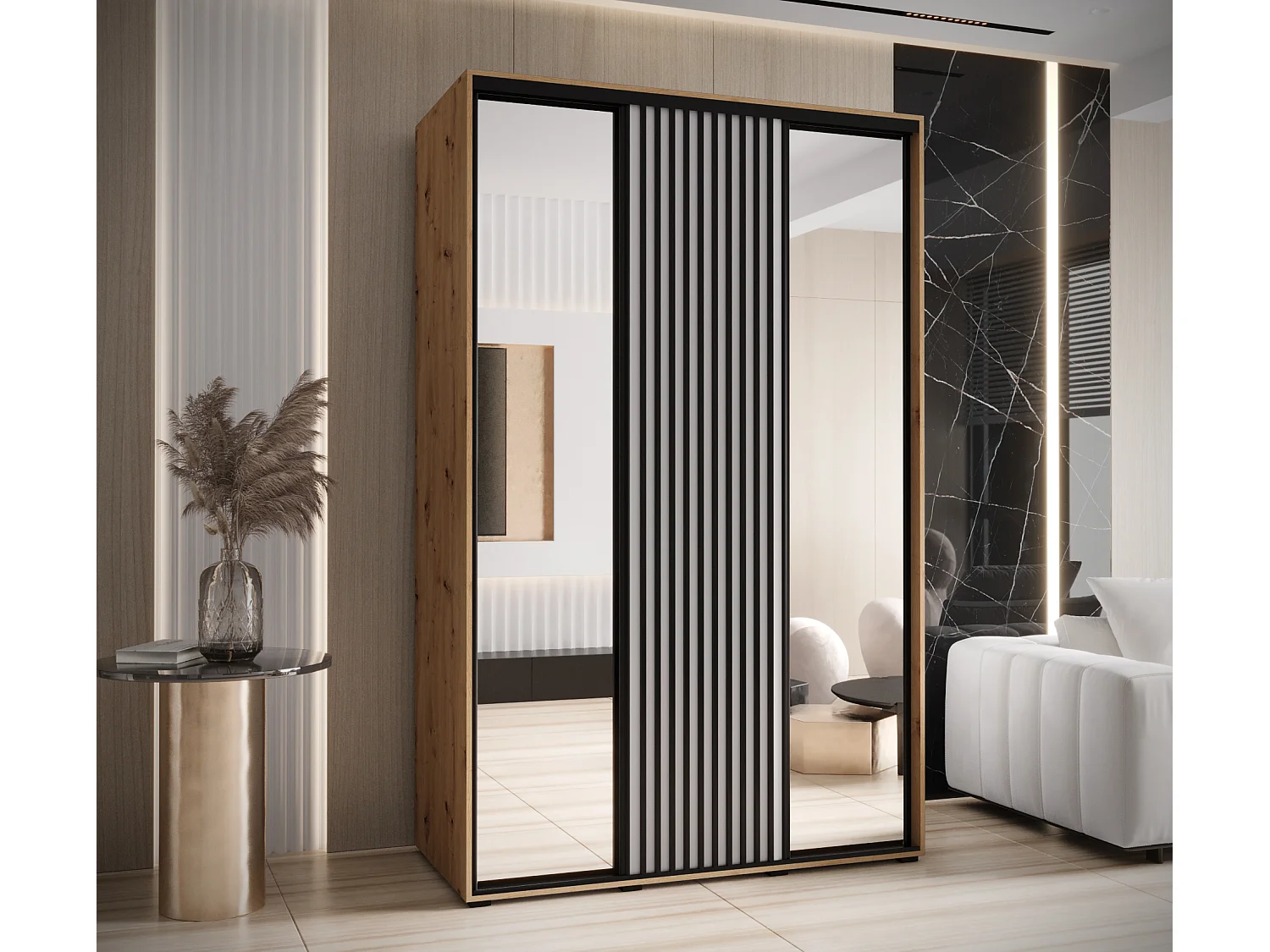 SAPPORO 2 KLEDINGKAST MET SCHUIFDEUREN 205,2/160/45 3 deuren (artisan/wit)