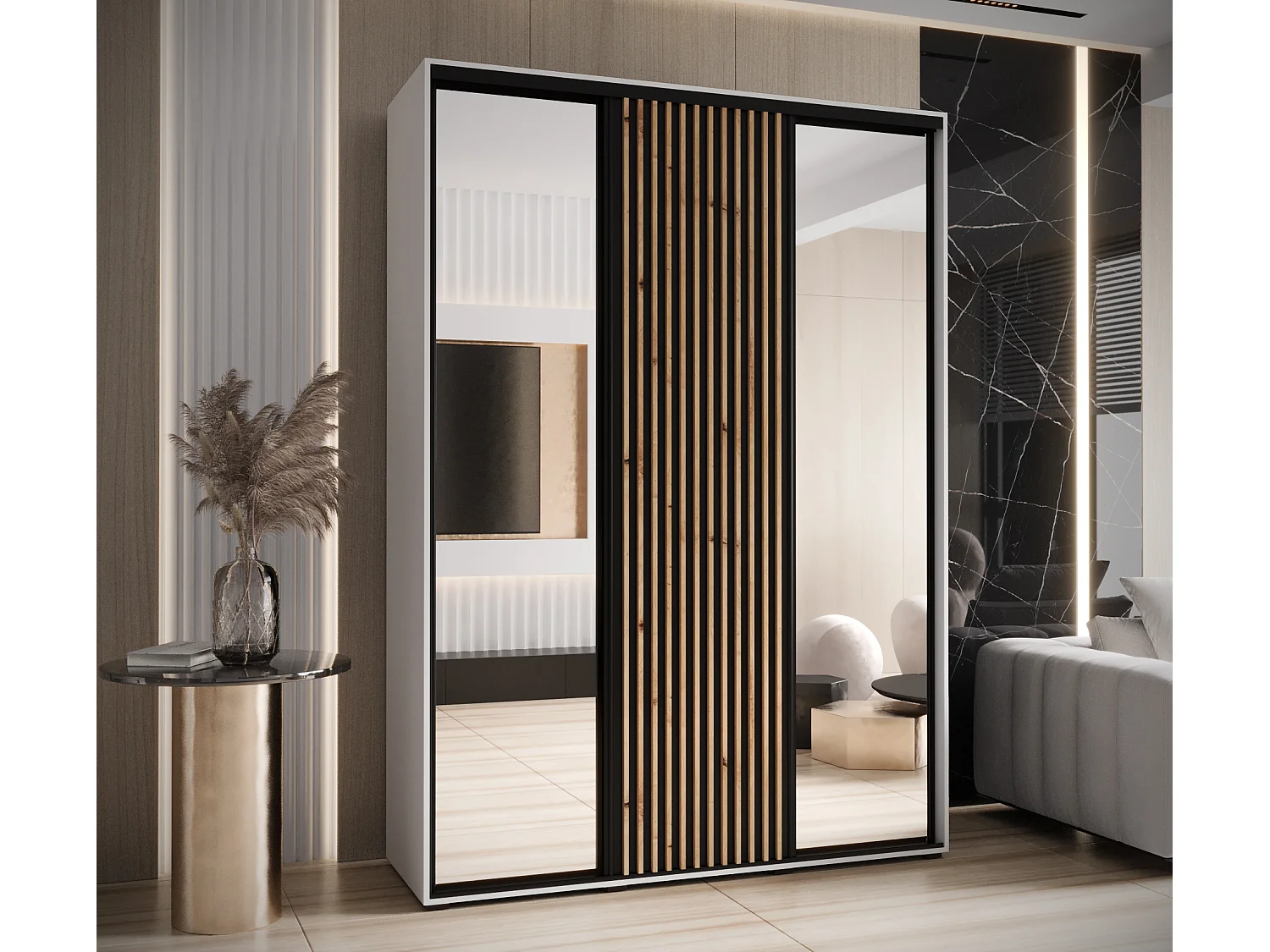 ARMOIRE SAPPORO 2 À PORTES COULISSANTES 205,2/170/60 3 Portes (Blanc/Noir)