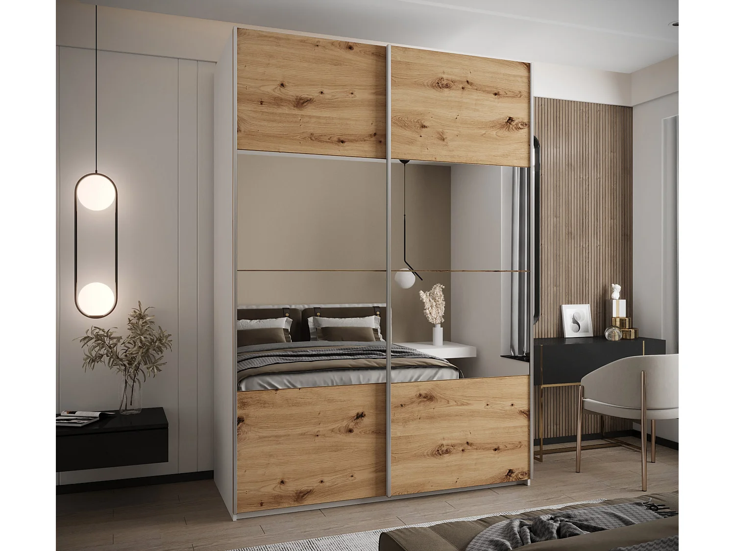 KLEDINGKAST MET SCHUIFDEUREN Lux 4 245,5/170/64 (Wit/Artisan/Zilver)