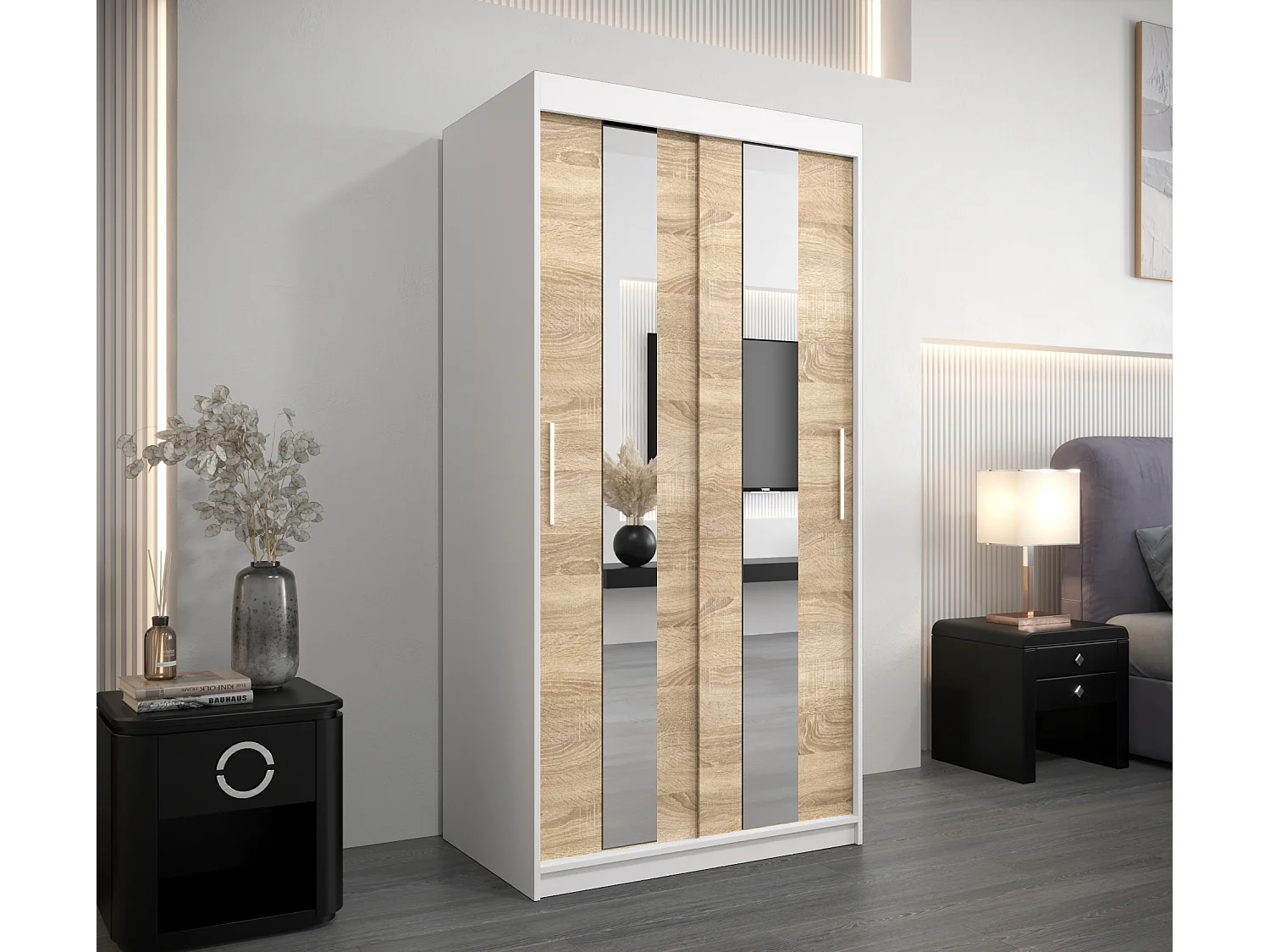 Schwebetürenschrank Pole 200/100/62 2-Türig (Weiß/Sonoma)