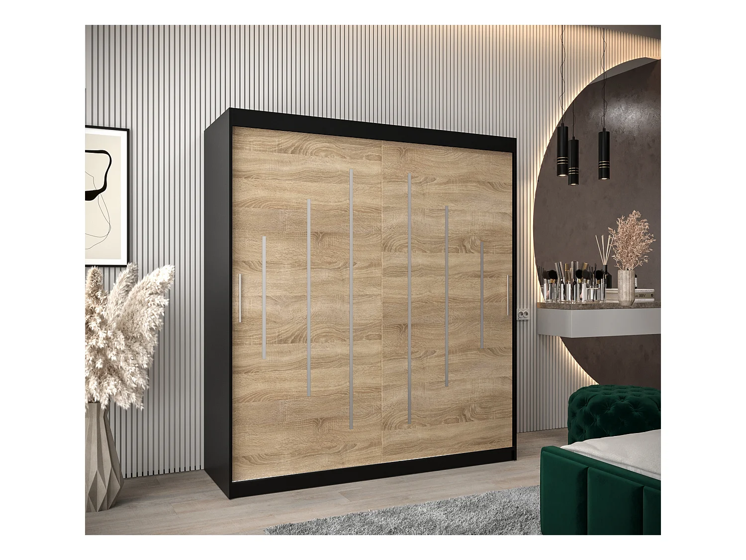 SCHWEBETÜRENSCHRANK YORK 200/180/62 2-türig (Schwarz/Sonoma)