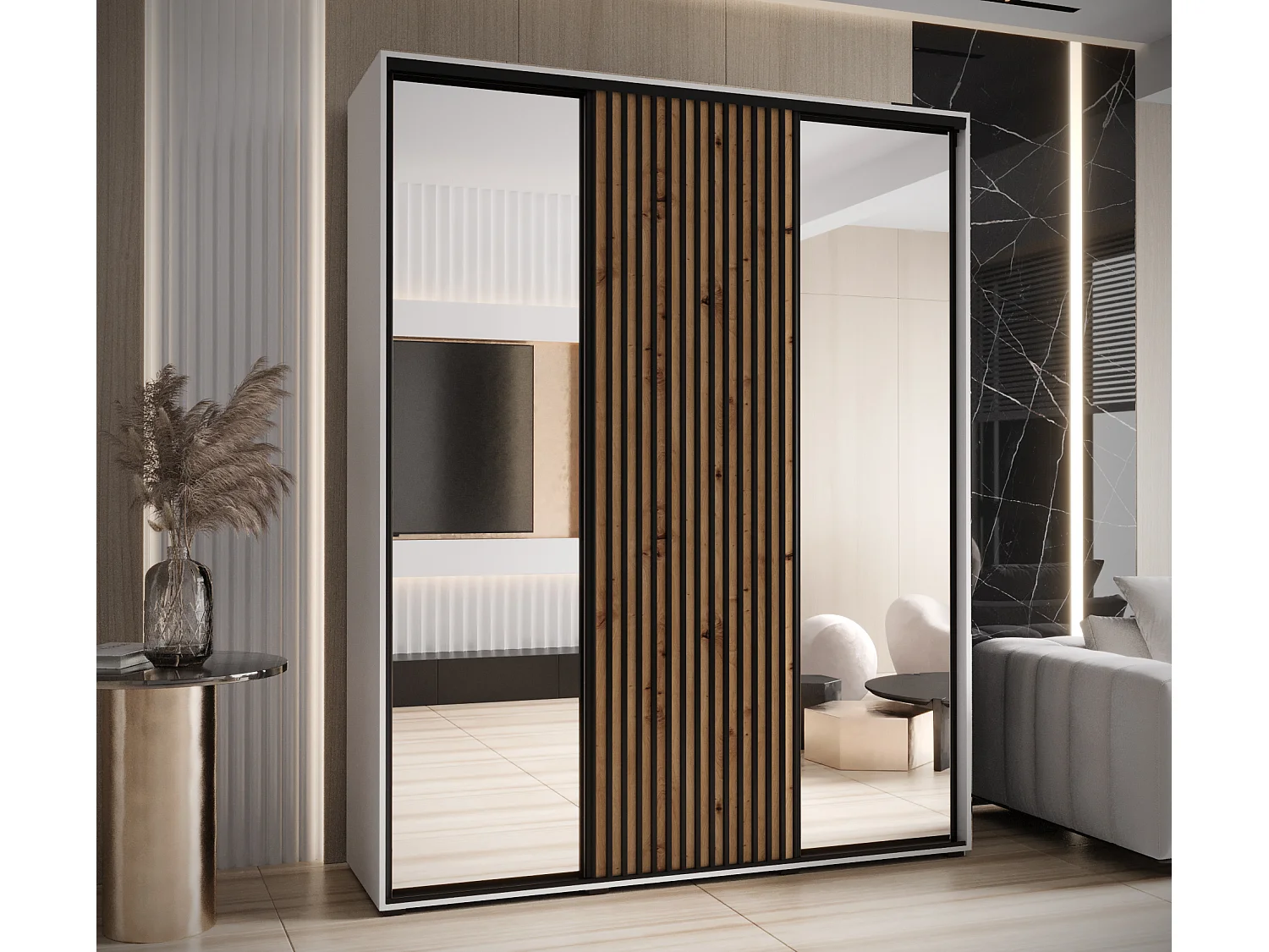 ARMOIRE SAPPORO 2 À PORTES COULISSANTES 205,2/190/45 3 Portes (Blanc/Noir)