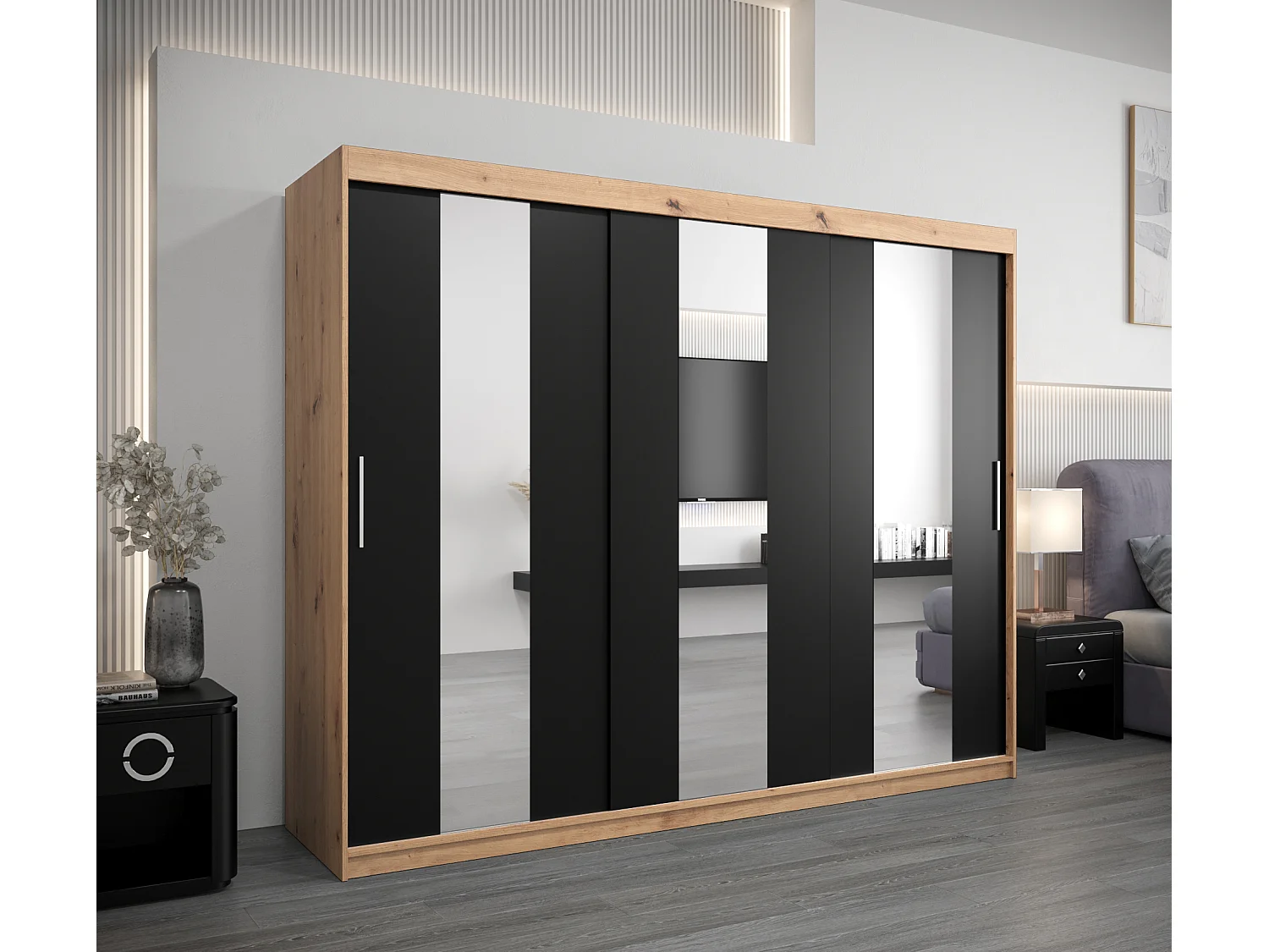 Armoire Pole À Portes Coulissantes 200/250/62 3 Portes (Artisan/Noir)