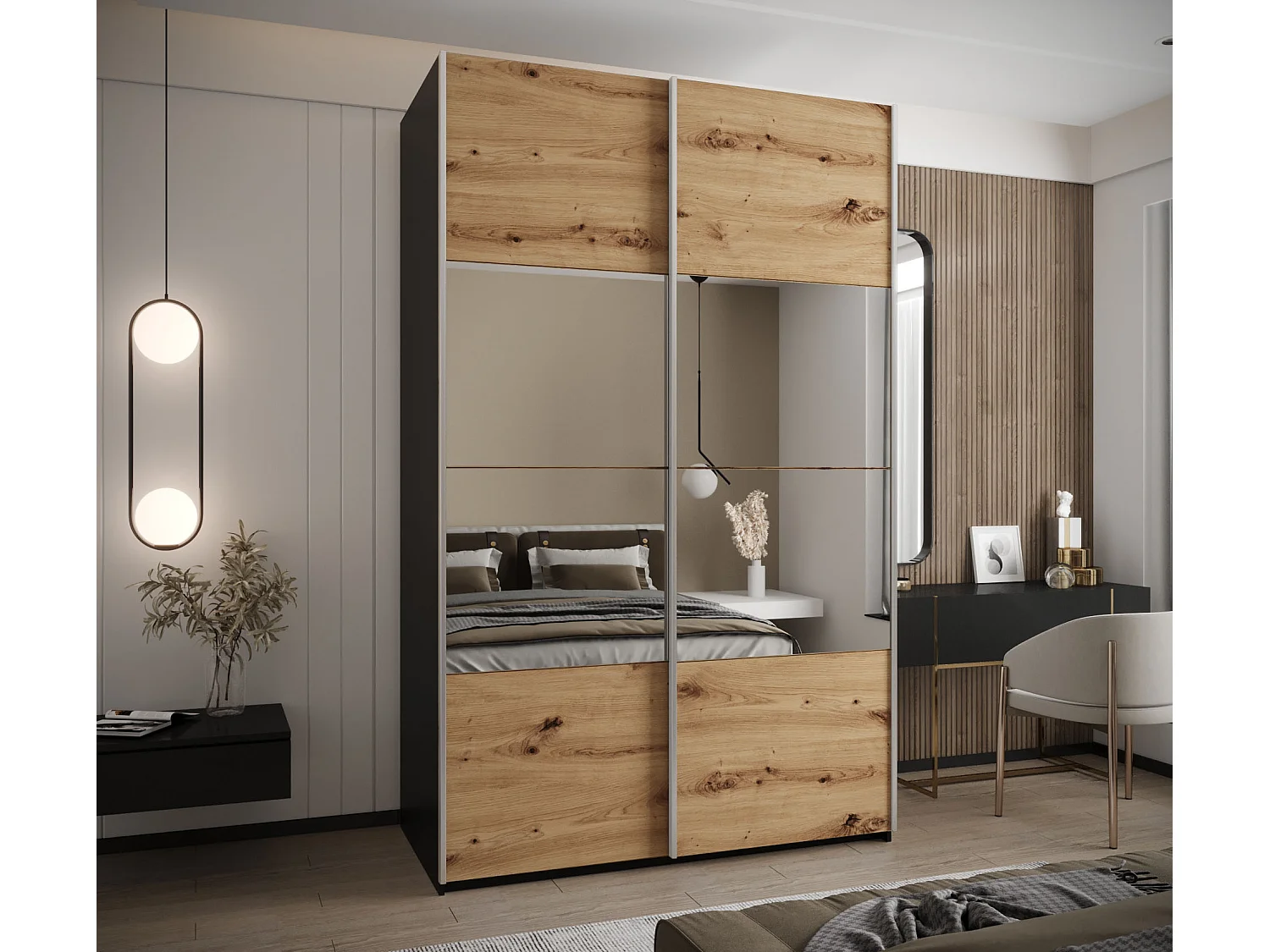 SCHWEBETÜRENSCHRANK Lux 4 245,5/160/64 (Schwarz/Artisan/Silber)