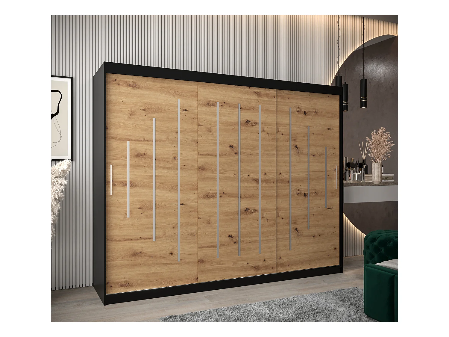 ARMOIRE YORK À PORTES COULISSANTES 200/250/62 3 Portes (Noir/Artisan)