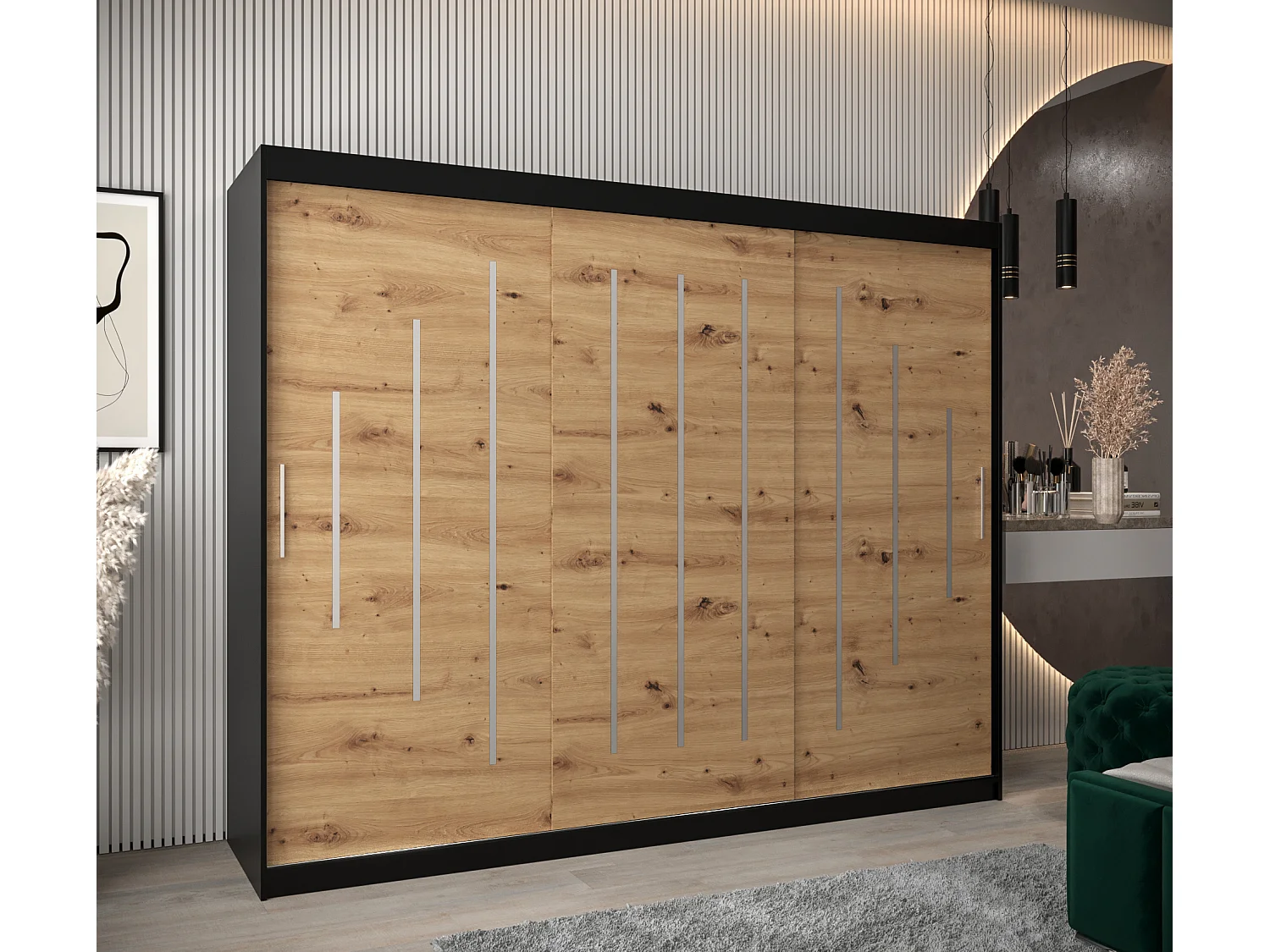 ARMOIRE YORK À PORTES COULISSANTES 200/250/62 3 Portes (Noir/Artisan)