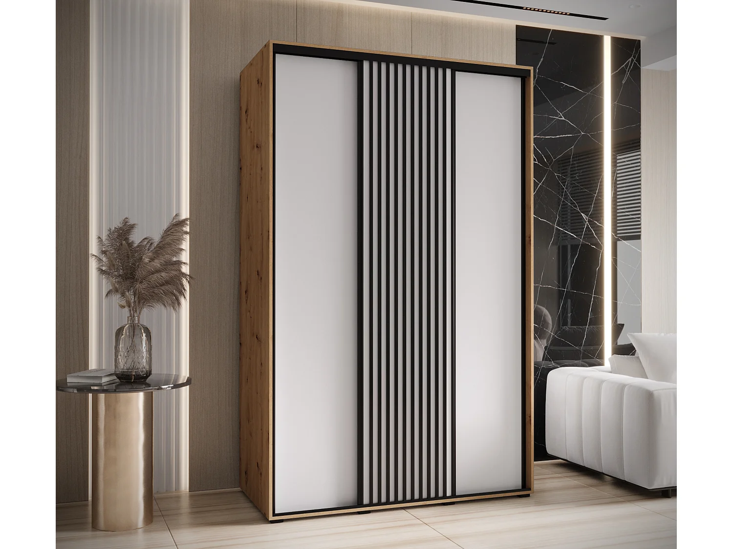 ARMOIRE SAPPORO 1 À PORTES COULISSANTES 205,2/150/60 3 Portes (Artisan/Blanc)