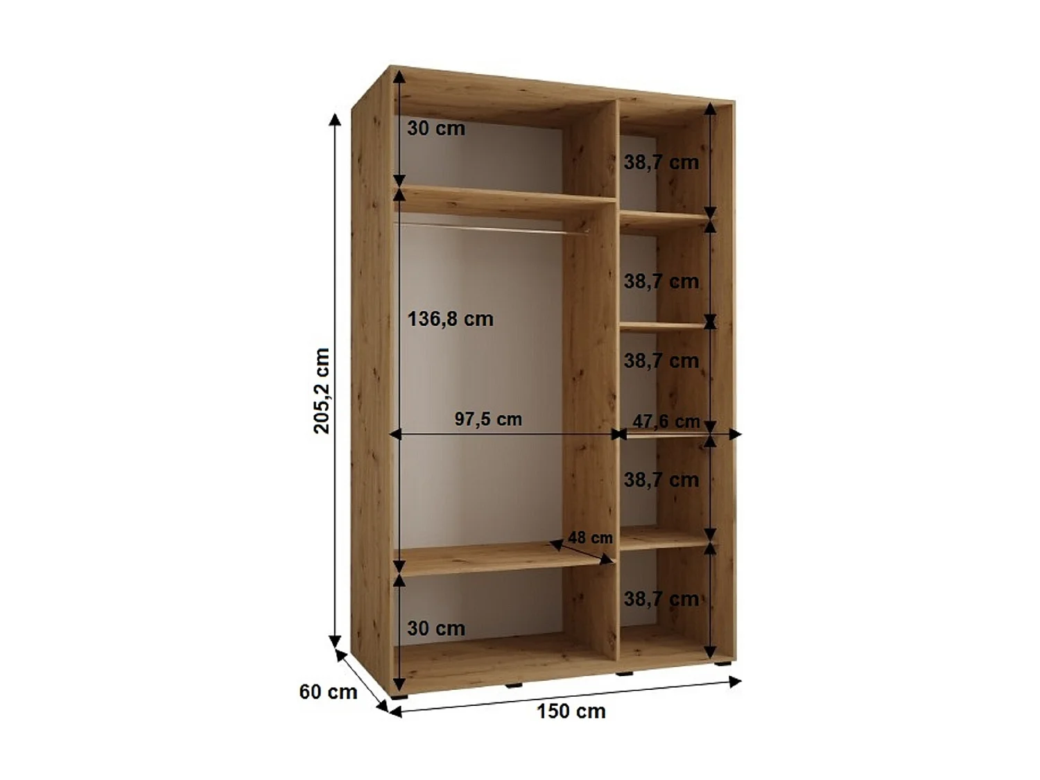ARMOIRE SAPPORO 1 À PORTES COULISSANTES 205,2/150/60 3 Portes (Artisan/Blanc)
