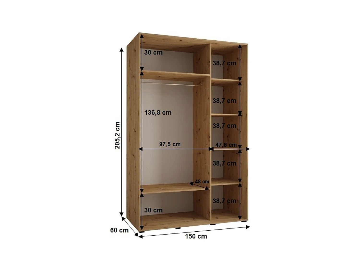 SCHWEBETÜRENSCHRANK SAPPORO 1 205,2/150/60 3-türig (Schwarz/Artisan)