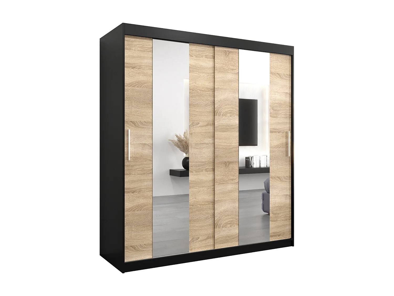 Schwebetürenschrank Pole 200/180/62 2-Türig (Schwarz/Sonoma)