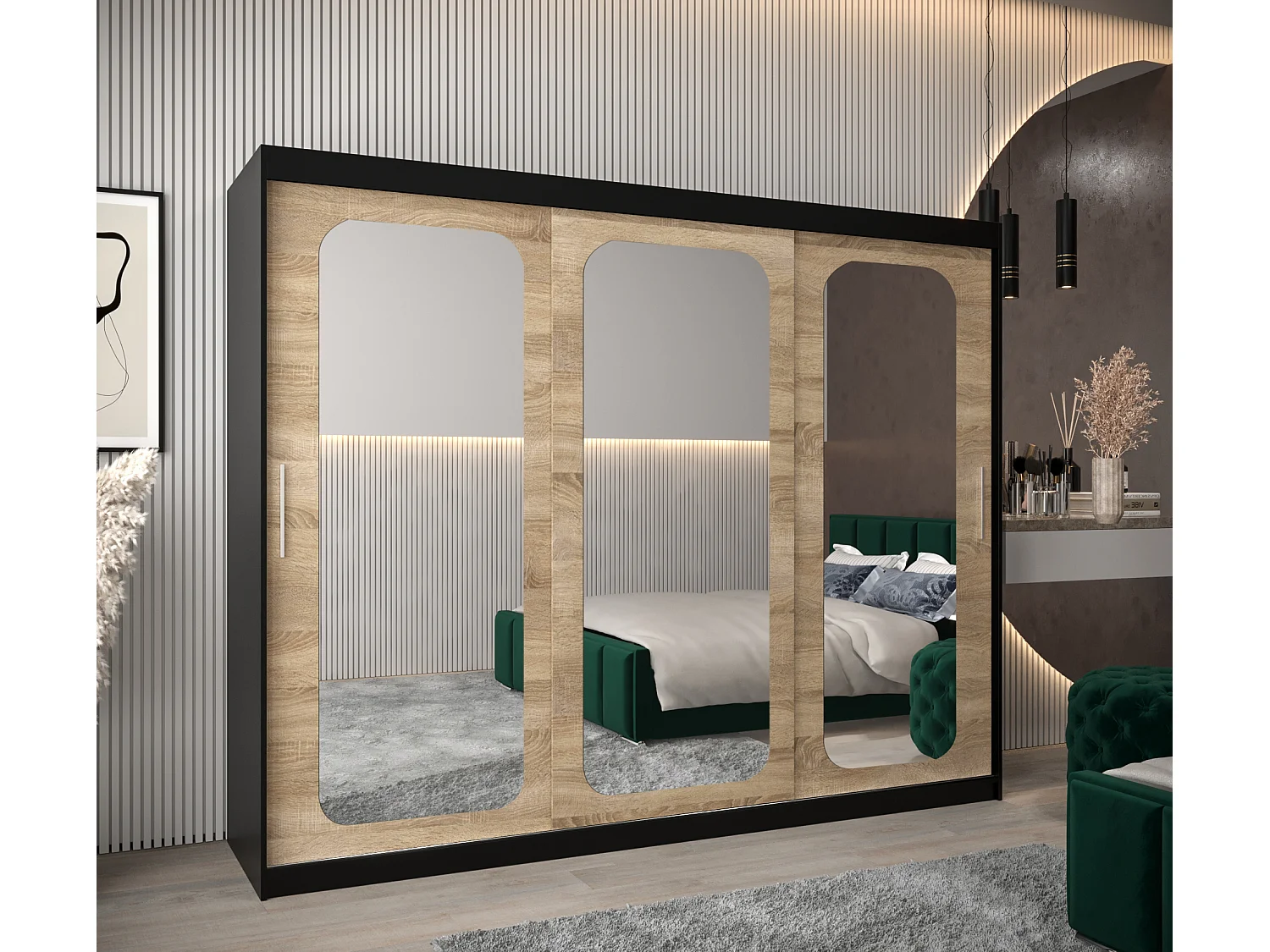 SCHWEBETÜRENSCHRANK PROMO T3 200/250/62 3-türig (Schwarz/Sonoma)