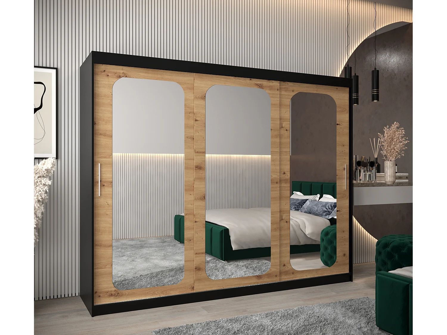 ARMOIRE PROMO T3 À PORTES COULISSANTES 200/250/62 3 Portes (Noir/Artisan)