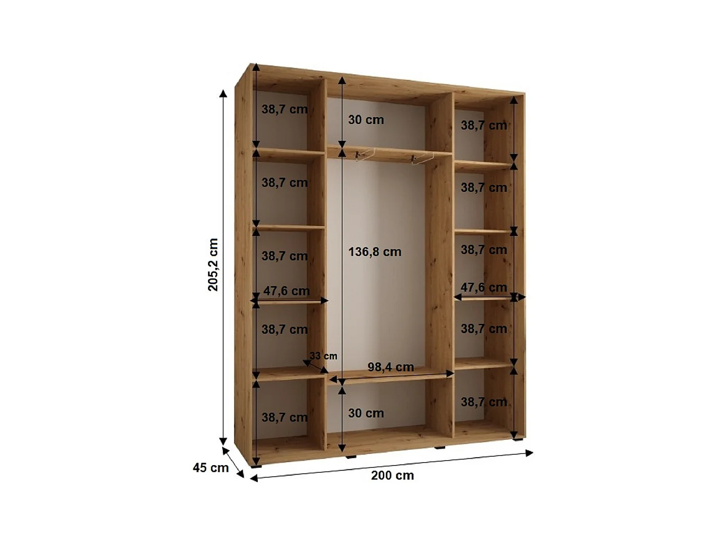 ARMOIRE SAPPORO 2 À PORTES COULISSANTES 205,2/200/45 3 Portes (Artisan/Blanc)