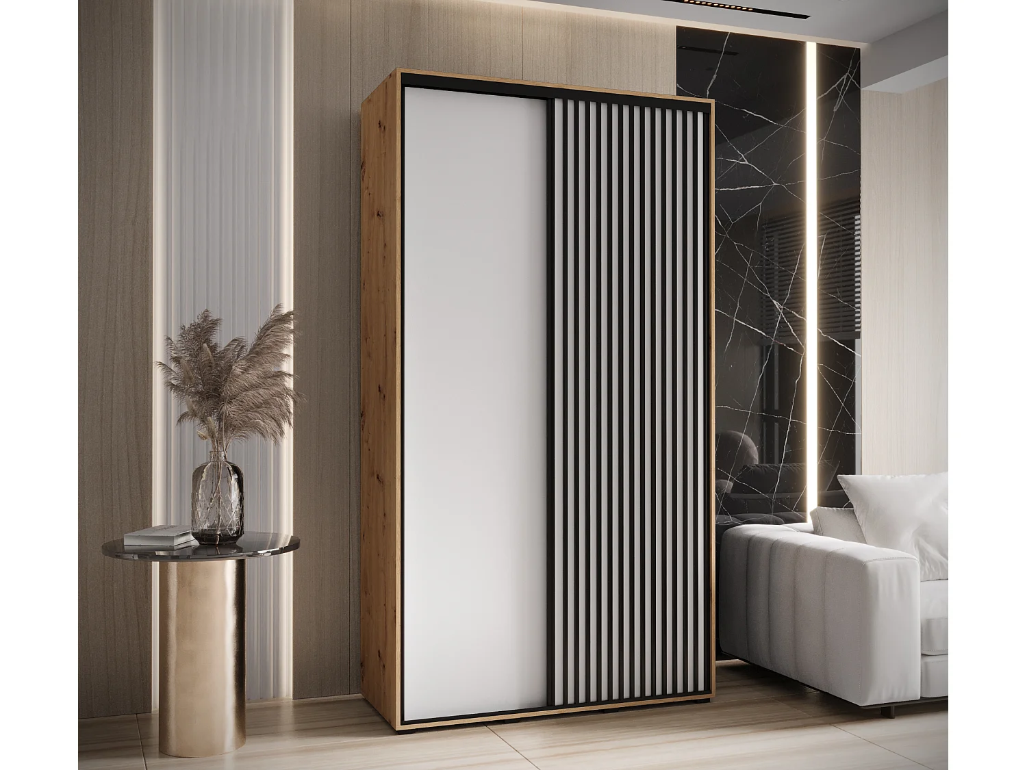 ARMOIRE SAPPORO 1 À PORTES COULISSANTES 205,2/130/45 2 Portes (Artisan/Blanc)