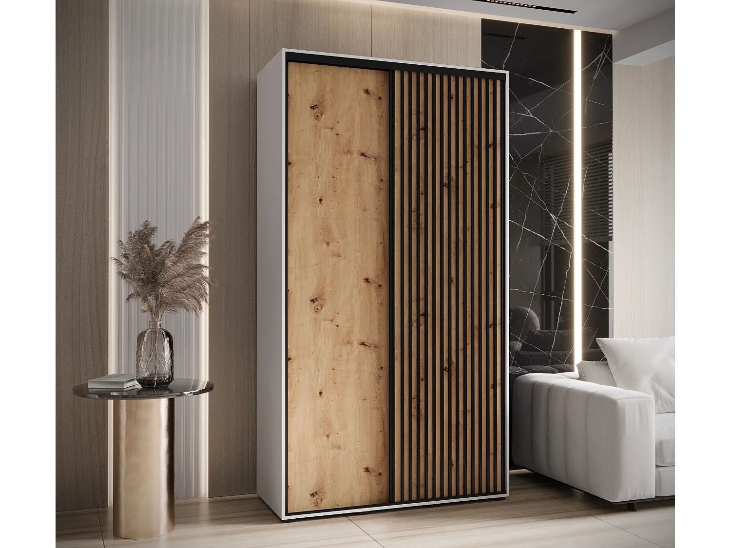 ARMOIRE LANKO 1 À PORTES COULISSANTES 235,2/140/45 2 Portes (Blanc/Artisan)